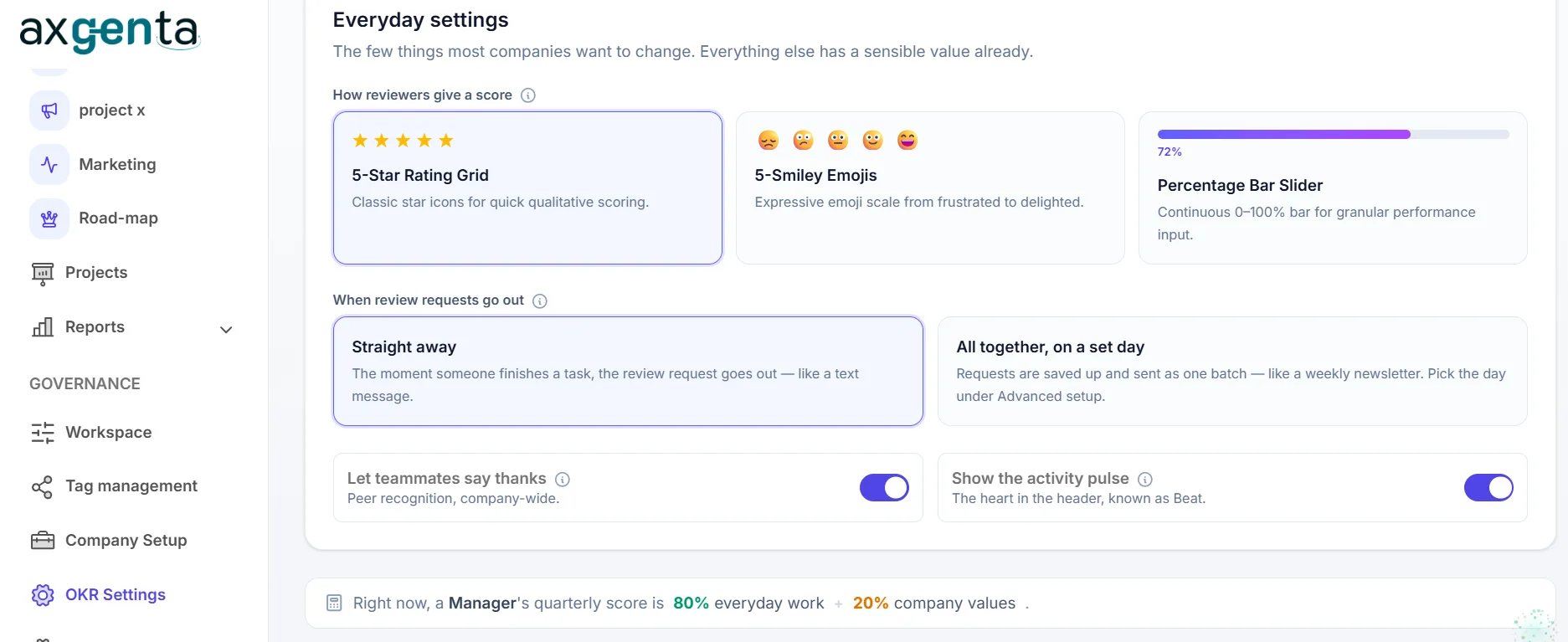 Axgenta's Everyday settings screen: a choice of three reviewer scoring scales, a choice between sending review requests immediately or batching them on a set day, toggles for peer recognition and the activity pulse, and a summary line reading: a Manager's quarterly score is 80% everyday work plus 20% company values